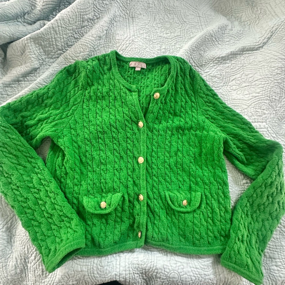 J. Crew Vibrant Green Cardigan Sweater. Cable knit cardigan jacket style sweater - Picture 2 of 10